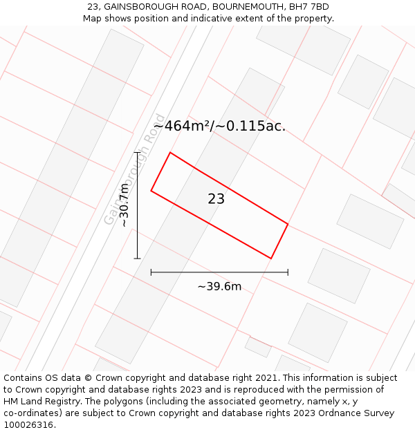 23, GAINSBOROUGH ROAD, BOURNEMOUTH, BH7 7BD: Plot and title map