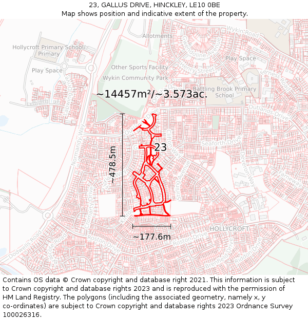 23, GALLUS DRIVE, HINCKLEY, LE10 0BE: Plot and title map