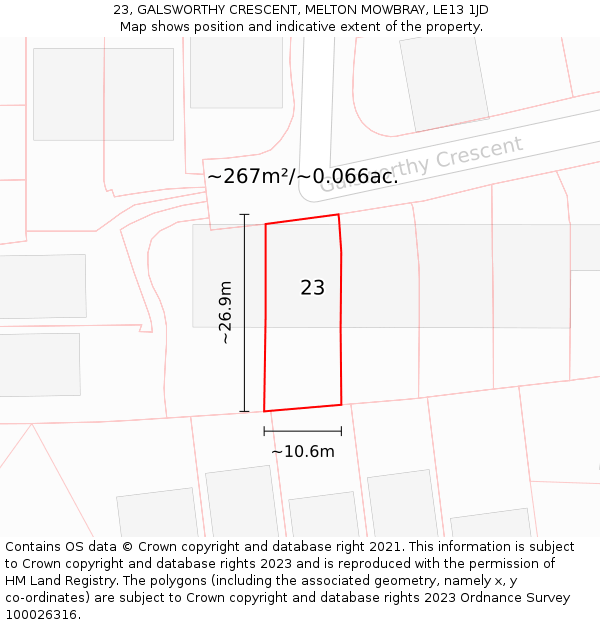 23, GALSWORTHY CRESCENT, MELTON MOWBRAY, LE13 1JD: Plot and title map