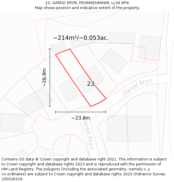 23, GARDD ERYRI, PENMAENMAWR, LL34 6PW: Plot and title map