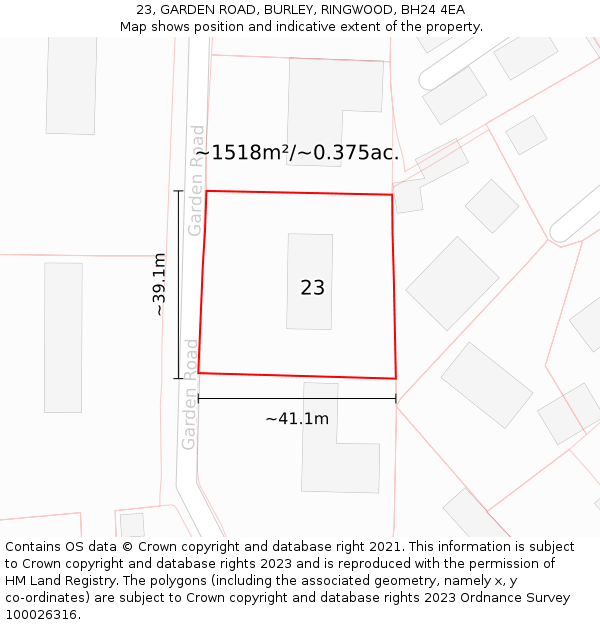 23, GARDEN ROAD, BURLEY, RINGWOOD, BH24 4EA: Plot and title map