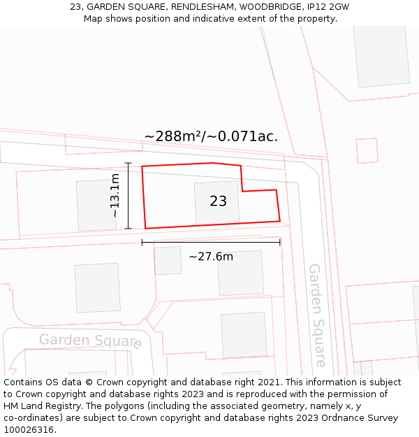 23, GARDEN SQUARE, RENDLESHAM, WOODBRIDGE, IP12 2GW: Plot and title map