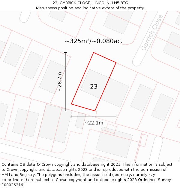 23, GARRICK CLOSE, LINCOLN, LN5 8TG: Plot and title map