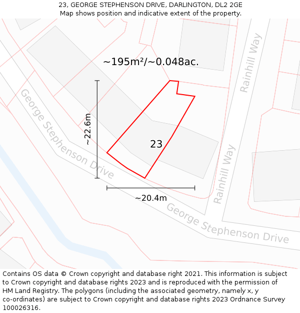 23, GEORGE STEPHENSON DRIVE, DARLINGTON, DL2 2GE: Plot and title map