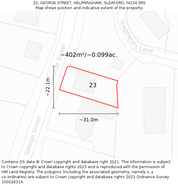 23, GEORGE STREET, HELPRINGHAM, SLEAFORD, NG34 0RS: Plot and title map