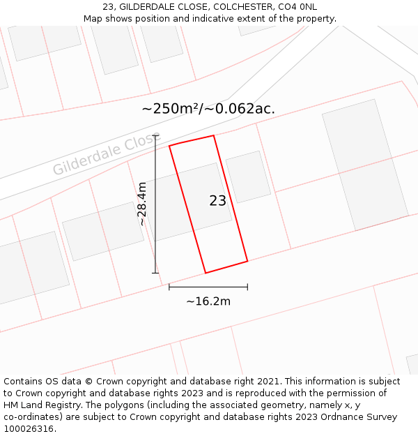 23, GILDERDALE CLOSE, COLCHESTER, CO4 0NL: Plot and title map