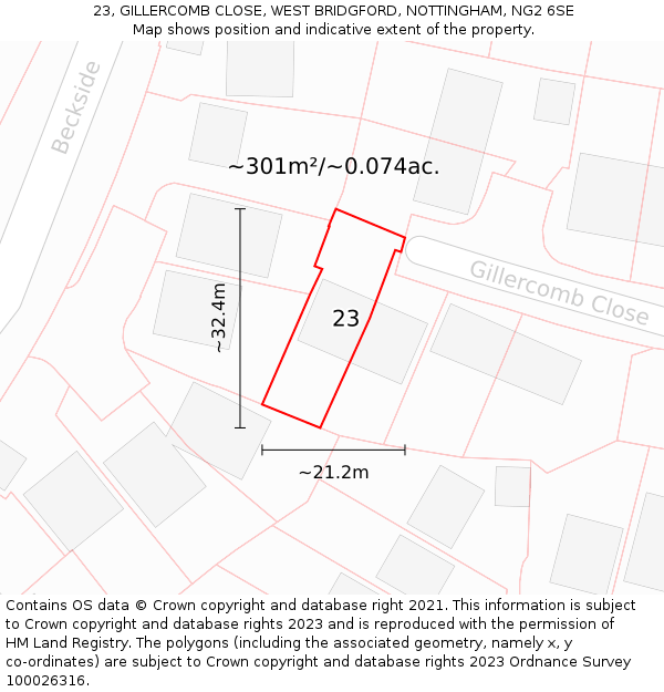 23, GILLERCOMB CLOSE, WEST BRIDGFORD, NOTTINGHAM, NG2 6SE: Plot and title map