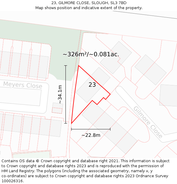 23, GILMORE CLOSE, SLOUGH, SL3 7BD: Plot and title map