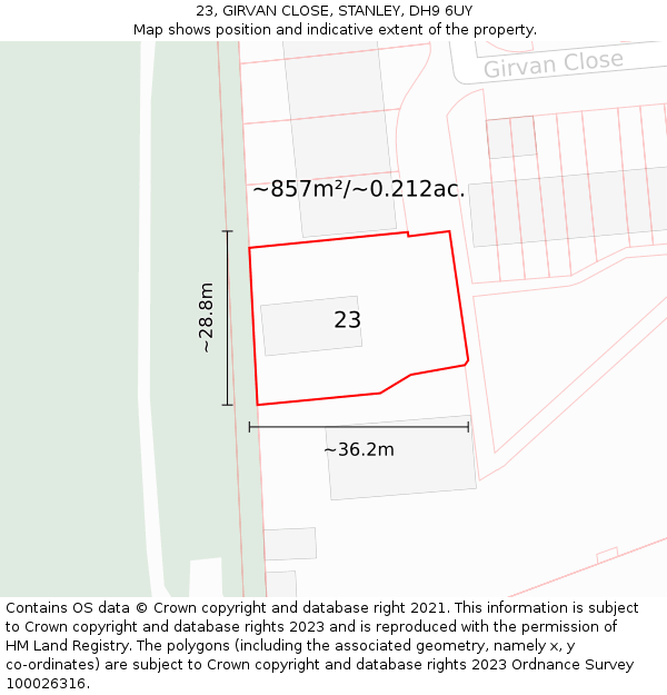 23, GIRVAN CLOSE, STANLEY, DH9 6UY: Plot and title map