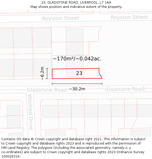 23, GLADSTONE ROAD, LIVERPOOL, L7 1AA: Plot and title map