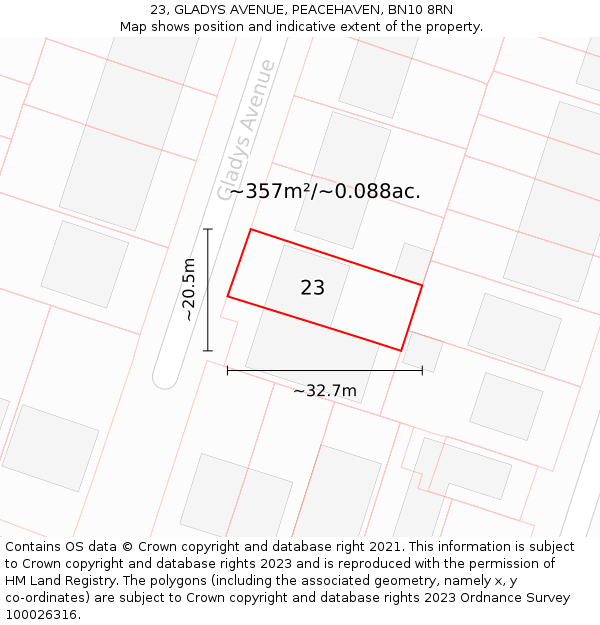 23, GLADYS AVENUE, PEACEHAVEN, BN10 8RN: Plot and title map