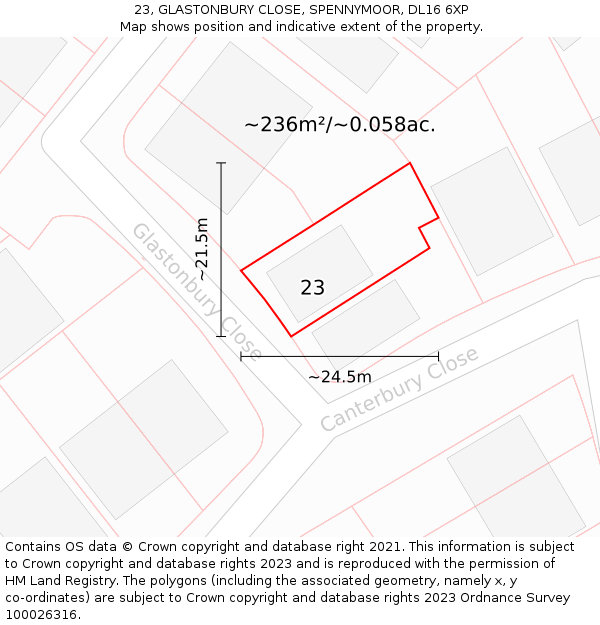 23, GLASTONBURY CLOSE, SPENNYMOOR, DL16 6XP: Plot and title map