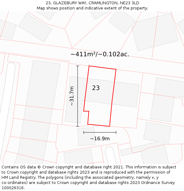 23, GLAZEBURY WAY, CRAMLINGTON, NE23 3LD: Plot and title map