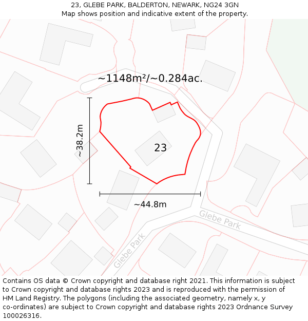 23, GLEBE PARK, BALDERTON, NEWARK, NG24 3GN: Plot and title map