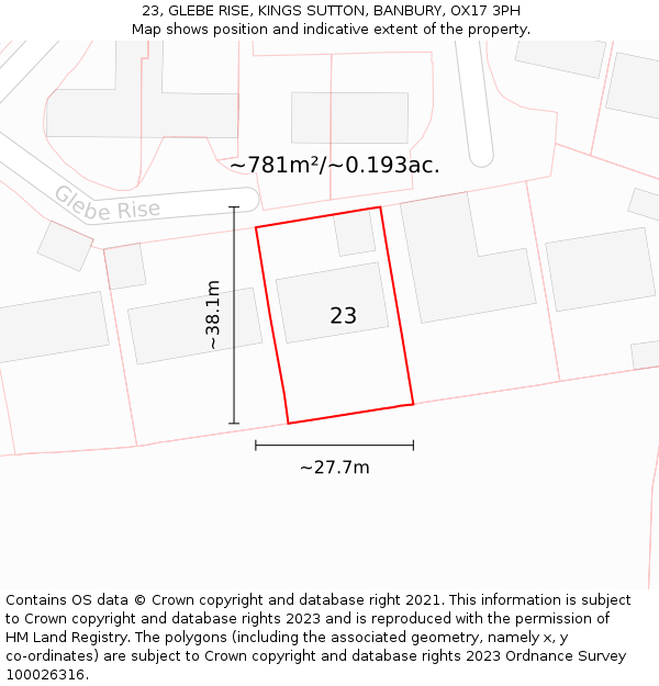 23, GLEBE RISE, KINGS SUTTON, BANBURY, OX17 3PH: Plot and title map