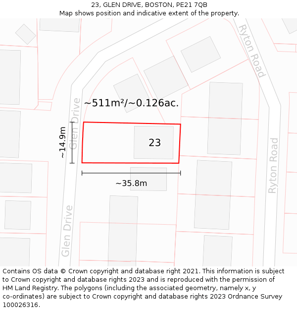 23, GLEN DRIVE, BOSTON, PE21 7QB: Plot and title map