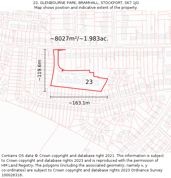 23, GLENBOURNE PARK, BRAMHALL, STOCKPORT, SK7 1JG: Plot and title map