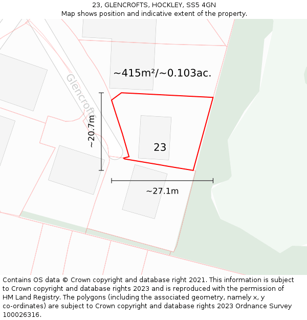 23, GLENCROFTS, HOCKLEY, SS5 4GN: Plot and title map