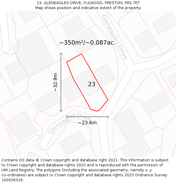 23, GLENEAGLES DRIVE, FULWOOD, PRESTON, PR2 7ET: Plot and title map