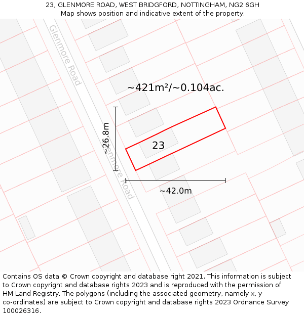 23, GLENMORE ROAD, WEST BRIDGFORD, NOTTINGHAM, NG2 6GH: Plot and title map