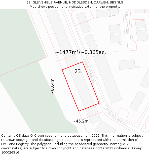 23, GLENSHIELS AVENUE, HODDLESDEN, DARWEN, BB3 3LS: Plot and title map