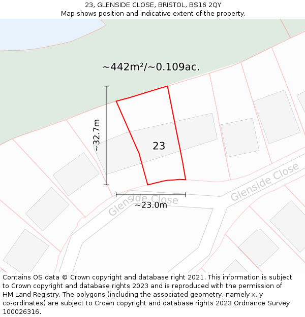23, GLENSIDE CLOSE, BRISTOL, BS16 2QY: Plot and title map