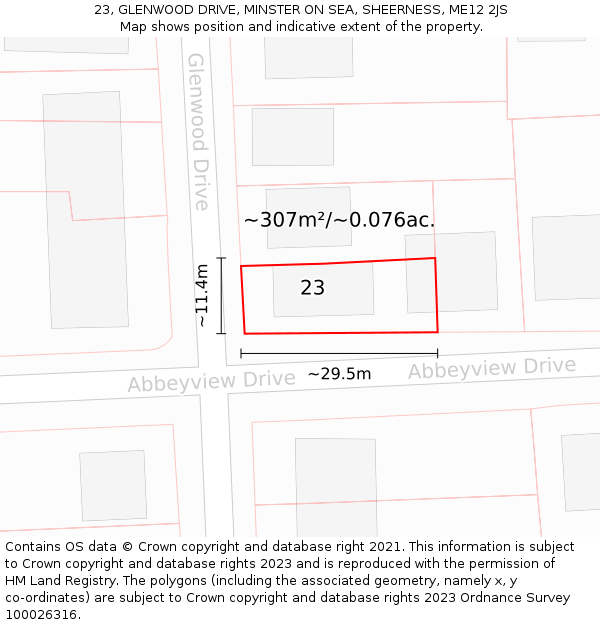 23, GLENWOOD DRIVE, MINSTER ON SEA, SHEERNESS, ME12 2JS: Plot and title map