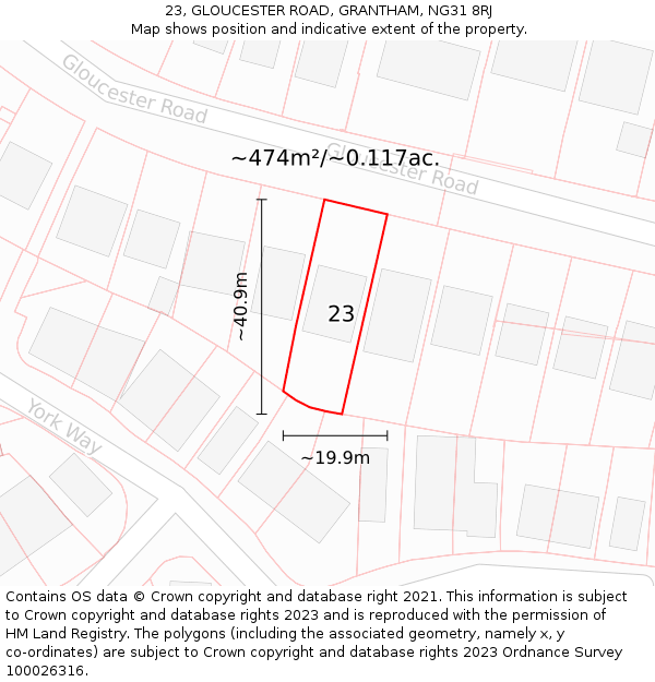 23, GLOUCESTER ROAD, GRANTHAM, NG31 8RJ: Plot and title map