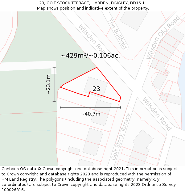 23, GOIT STOCK TERRACE, HARDEN, BINGLEY, BD16 1JJ: Plot and title map