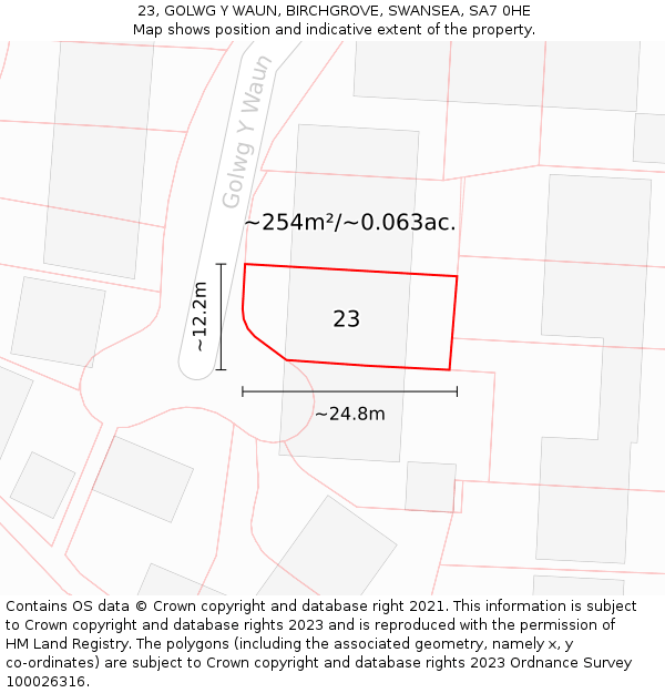 23, GOLWG Y WAUN, BIRCHGROVE, SWANSEA, SA7 0HE: Plot and title map