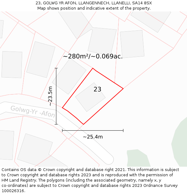 23, GOLWG YR AFON, LLANGENNECH, LLANELLI, SA14 8SX: Plot and title map