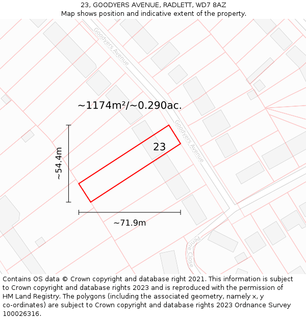 23, GOODYERS AVENUE, RADLETT, WD7 8AZ: Plot and title map