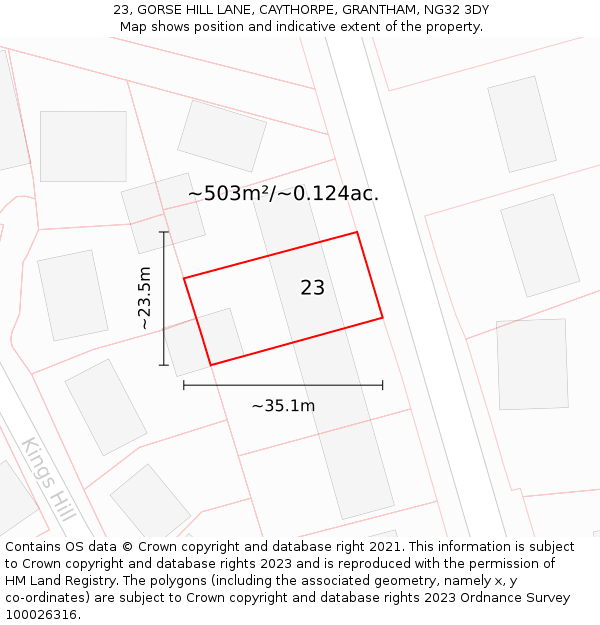 23, GORSE HILL LANE, CAYTHORPE, GRANTHAM, NG32 3DY: Plot and title map