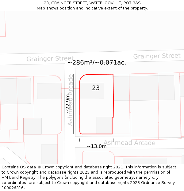 23, GRAINGER STREET, WATERLOOVILLE, PO7 3AS: Plot and title map