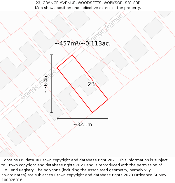 23, GRANGE AVENUE, WOODSETTS, WORKSOP, S81 8RP: Plot and title map