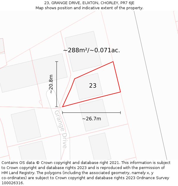 23, GRANGE DRIVE, EUXTON, CHORLEY, PR7 6JE: Plot and title map