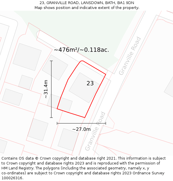 23, GRANVILLE ROAD, LANSDOWN, BATH, BA1 9DN: Plot and title map