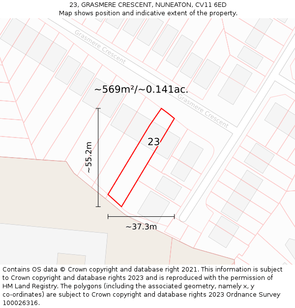 23, GRASMERE CRESCENT, NUNEATON, CV11 6ED: Plot and title map