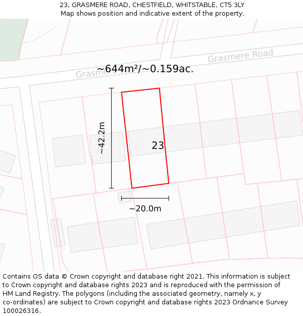 23, GRASMERE ROAD, CHESTFIELD, WHITSTABLE, CT5 3LY: Plot and title map