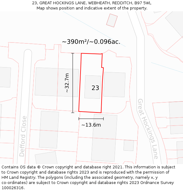 23, GREAT HOCKINGS LANE, WEBHEATH, REDDITCH, B97 5WL: Plot and title map