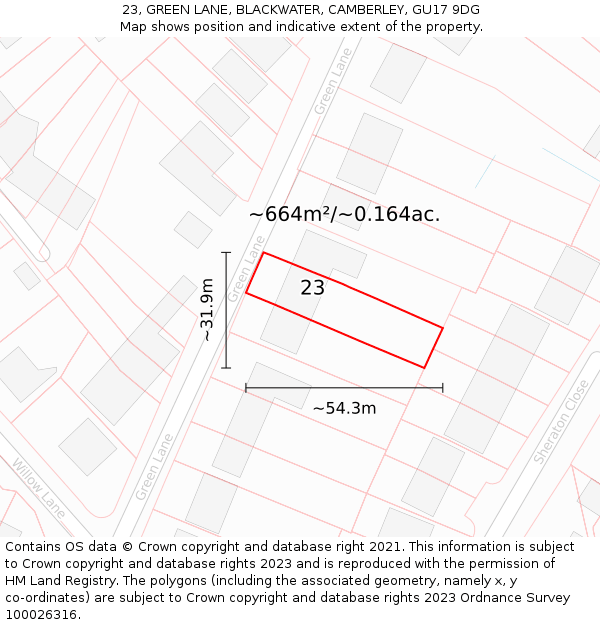 23, GREEN LANE, BLACKWATER, CAMBERLEY, GU17 9DG: Plot and title map