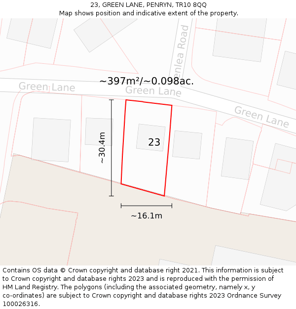 23, GREEN LANE, PENRYN, TR10 8QQ: Plot and title map