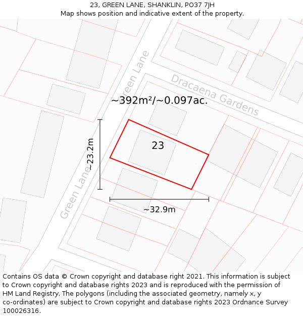 23, GREEN LANE, SHANKLIN, PO37 7JH: Plot and title map