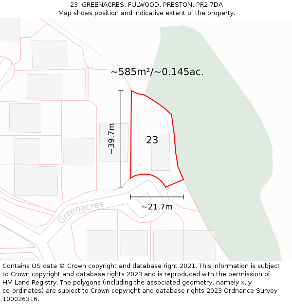 23, GREENACRES, FULWOOD, PRESTON, PR2 7DA: Plot and title map