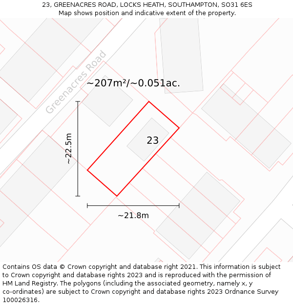 23, GREENACRES ROAD, LOCKS HEATH, SOUTHAMPTON, SO31 6ES: Plot and title map