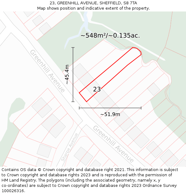 23, GREENHILL AVENUE, SHEFFIELD, S8 7TA: Plot and title map