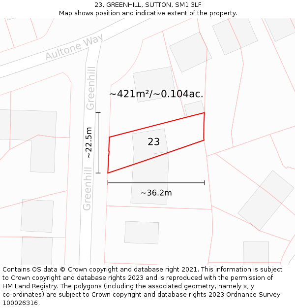 23, GREENHILL, SUTTON, SM1 3LF: Plot and title map