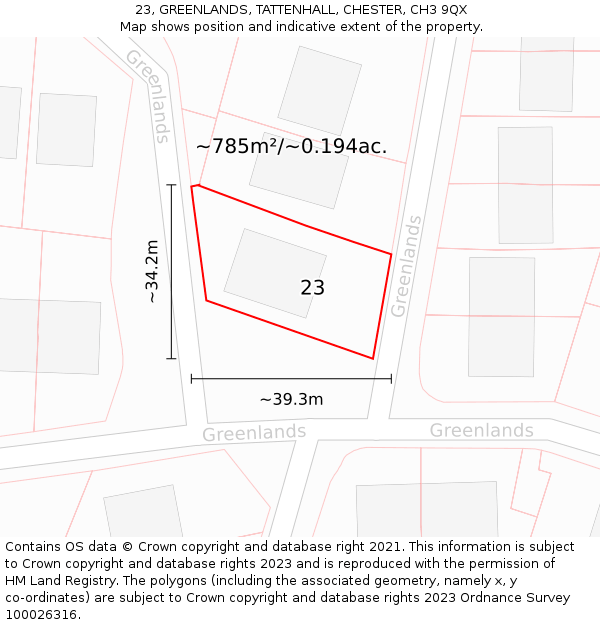 23, GREENLANDS, TATTENHALL, CHESTER, CH3 9QX: Plot and title map