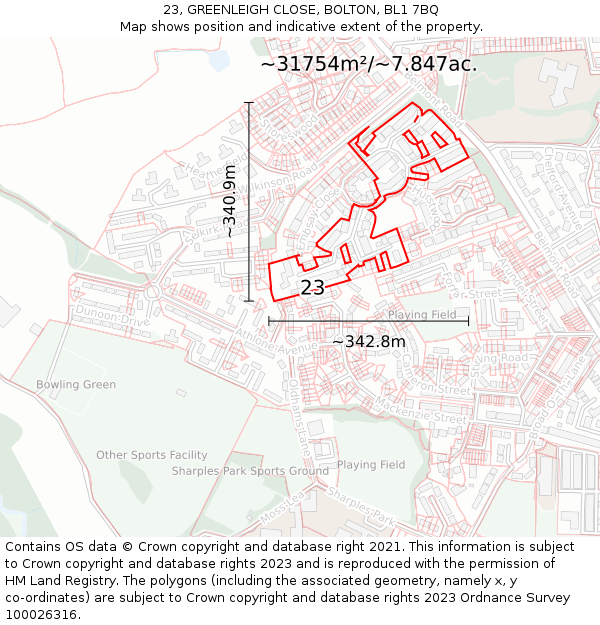 23, GREENLEIGH CLOSE, BOLTON, BL1 7BQ: Plot and title map