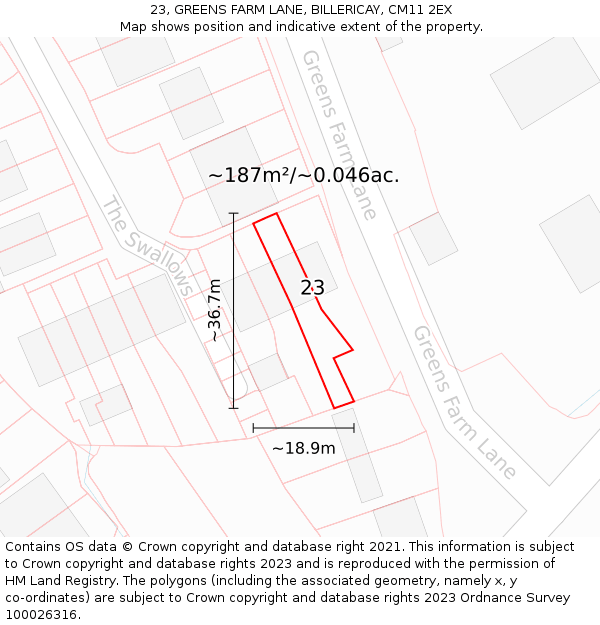 23, GREENS FARM LANE, BILLERICAY, CM11 2EX: Plot and title map